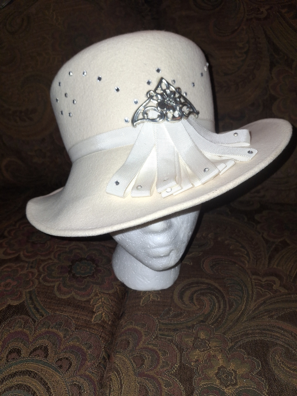 Seasons By S&S Hat Company White Women's Felt Dress Hat with Rhinestone Accent